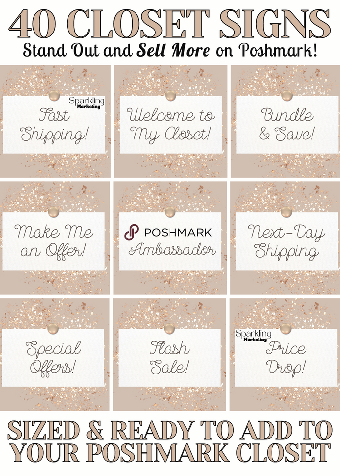 Set of 40 Poshmark Closet Signs [Rose Gold Glitter Thumbtack Note]