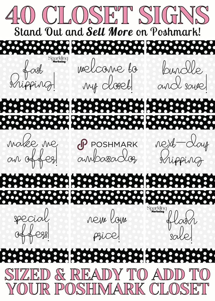 Set of 40 Poshmark Closet Signs [Black & White Polka Dot]