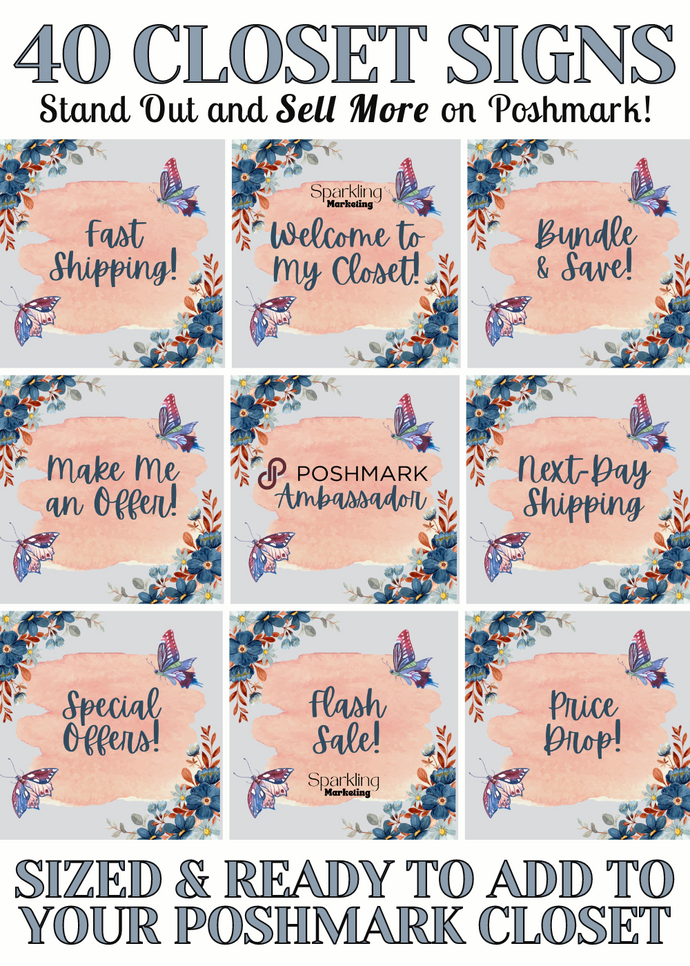 Set of 40 Poshmark Closet Signs [Blue Peach Butterfly Floral Watercolor]