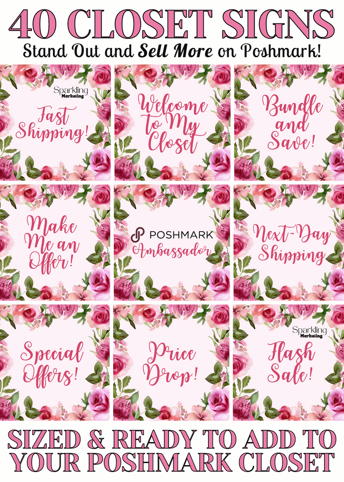 Set of 40 Poshmark Closet Signs [Watercolor Floral Pink Red Roses]