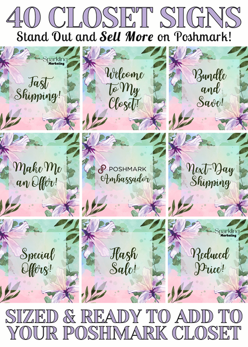 Set of 40 Poshmark Closet Signs [Purple Green Floral Watercolor Paint Stain]