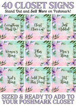 Load image into Gallery viewer, Set of 40 Poshmark Closet Signs [Purple Green Floral Watercolor Paint Stain]
