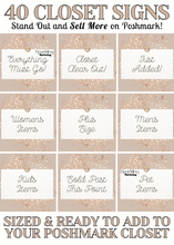 Load image into Gallery viewer, Set of 40 Poshmark Closet Signs [Rose Gold Glitter Thumbtack Note]
