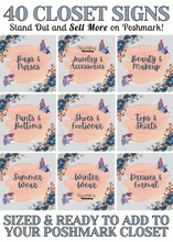 Load image into Gallery viewer, Set of 40 Poshmark Closet Signs [Blue Peach Butterfly Floral Watercolor]
