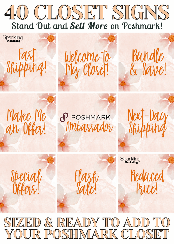40 Poshmark Closet Signs, Orange Floral Watercolor // Instant Digital Download, Poshmark Seller Tools, Poshmark Signs, Poshmark Banner