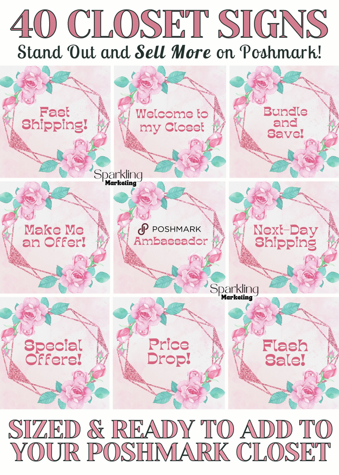 40 Poshmark Closet Signs, Pink Glitter Geometric Floral // Instant Digital Download, Poshmark Seller Tools, Poshmark Signs, Poshmark Banner