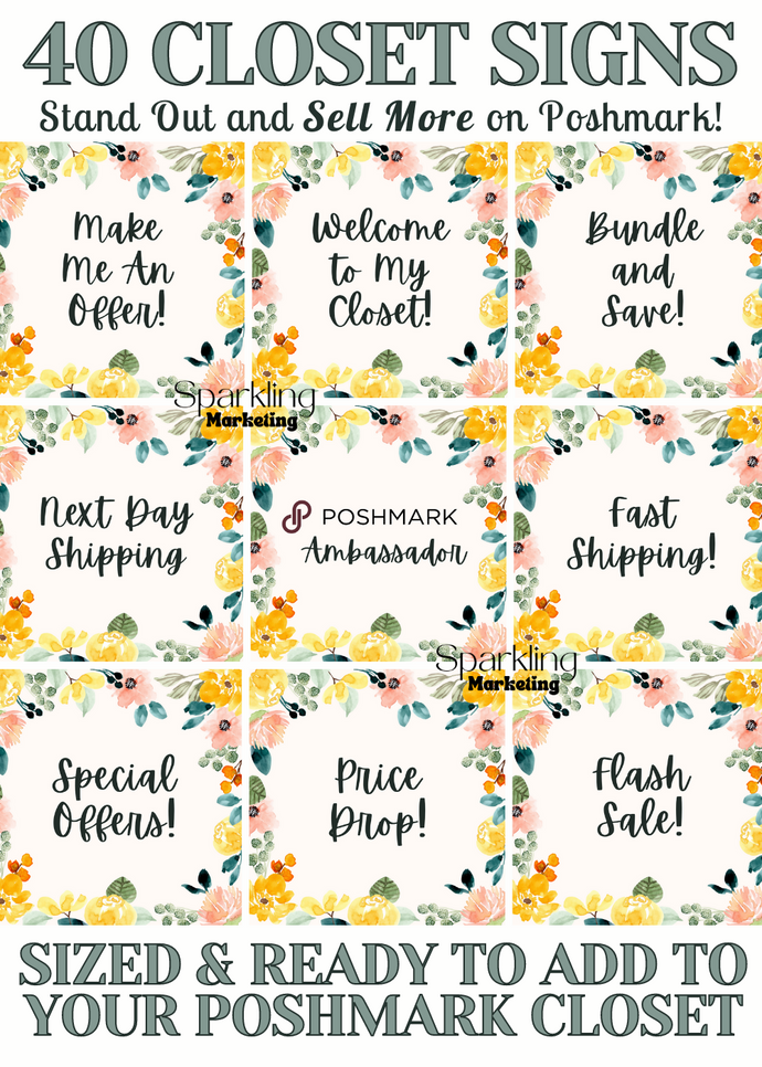 Poshmark Closet Sign Bundle, 40 Ready-to-Use Bright Floral Watercolor Signs, Instant Download, Poshmark Seller, Reseller, Closet Dividers