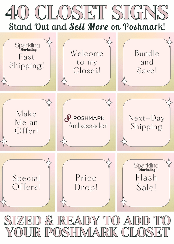 Poshmark Closet Sign Bundle, 40 Ready-to-Use Pink Sparkle Gradient Signs, Instant Digital Download, Poshmark Seller Tools, Poshmark Signs