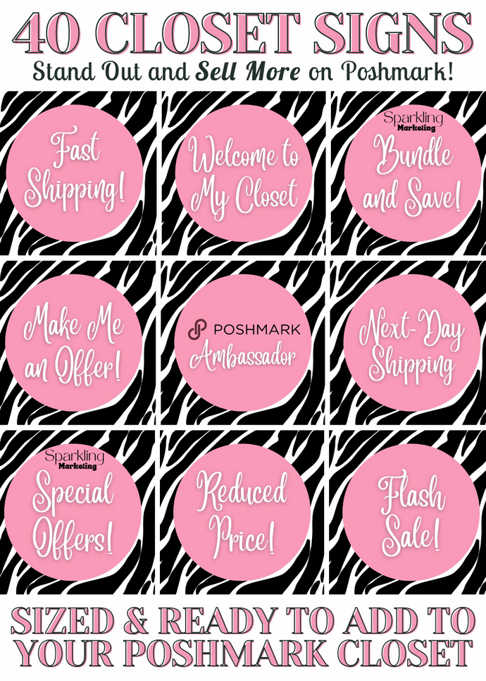 Set of 40 Poshmark Closet Signs [Bright Pink Zebra Print]