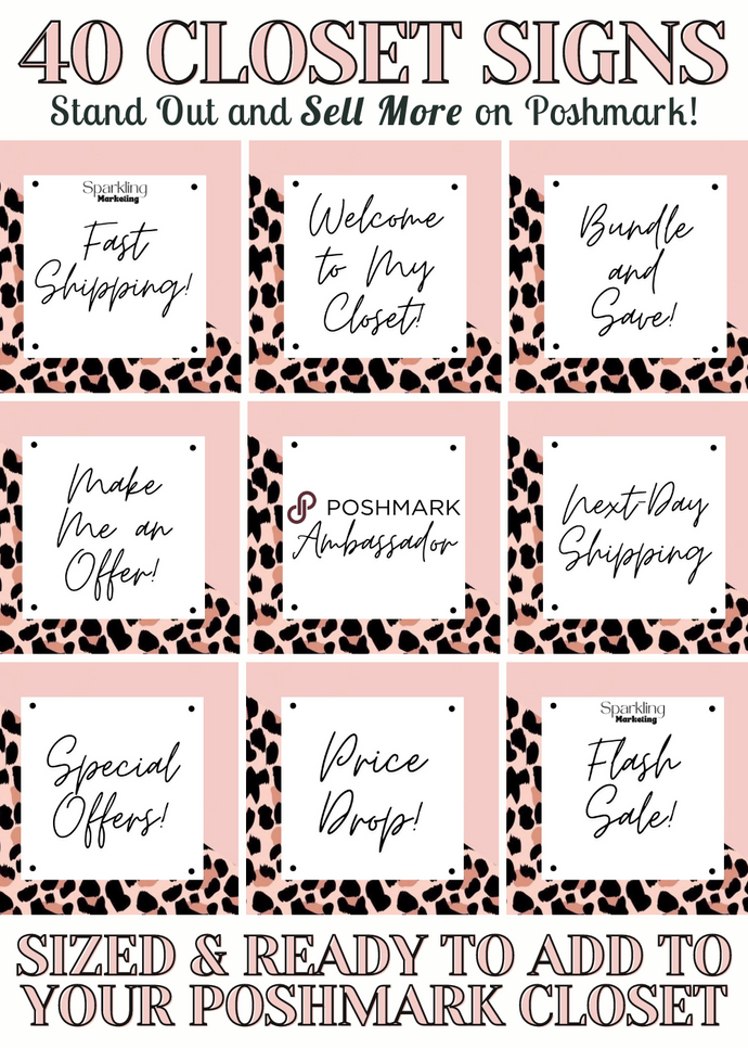 Set of 40 Poshmark Closet Signs [Light Pink & Black Leopard Print]