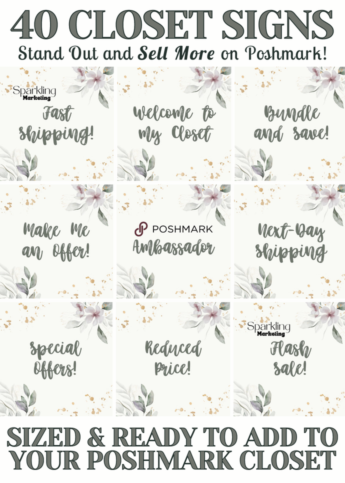 Set of 40 Poshmark Closet Signs [Ivory & Sage Floral Watercolor]