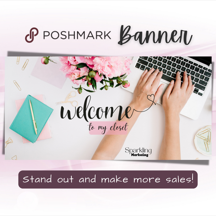 Poshmark Closet Header Banner // Welcome to My Closet // Feminine Pink Floral White Desktop Workspace