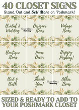 Load image into Gallery viewer, Set of 40 Poshmark Closet Signs [Green &amp; Golden Floral]
