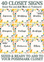 Load image into Gallery viewer, Poshmark Closet Sign Bundle, 40 Ready-to-Use Bright Floral Watercolor Signs, Instant Download, Poshmark Seller, Reseller, Closet Dividers
